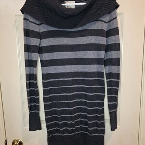 Pink Rose Grey Striped Cowl Neck Sweater Dress Medium Long Sleeve Knit Bodycon